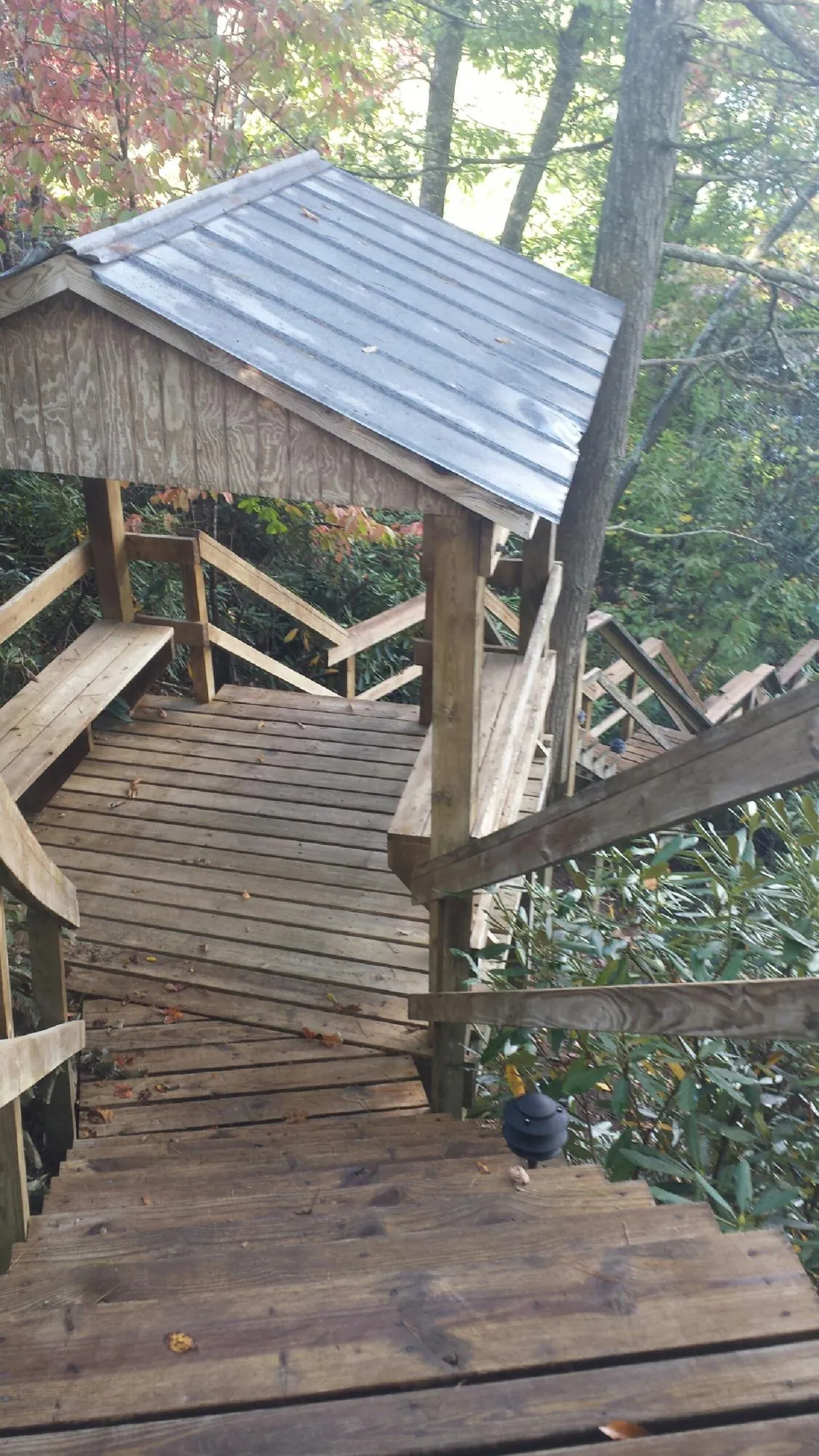 Metal roofed shelter over wooden steps on a wooded walkway — Skylight Repair & Installation work by our crew in Woodside